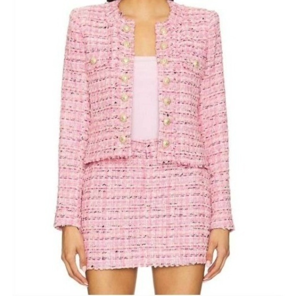 Generation Love Jacket Women's XL Pink Blue Tweed Blazer Fringe Pearl Buttons